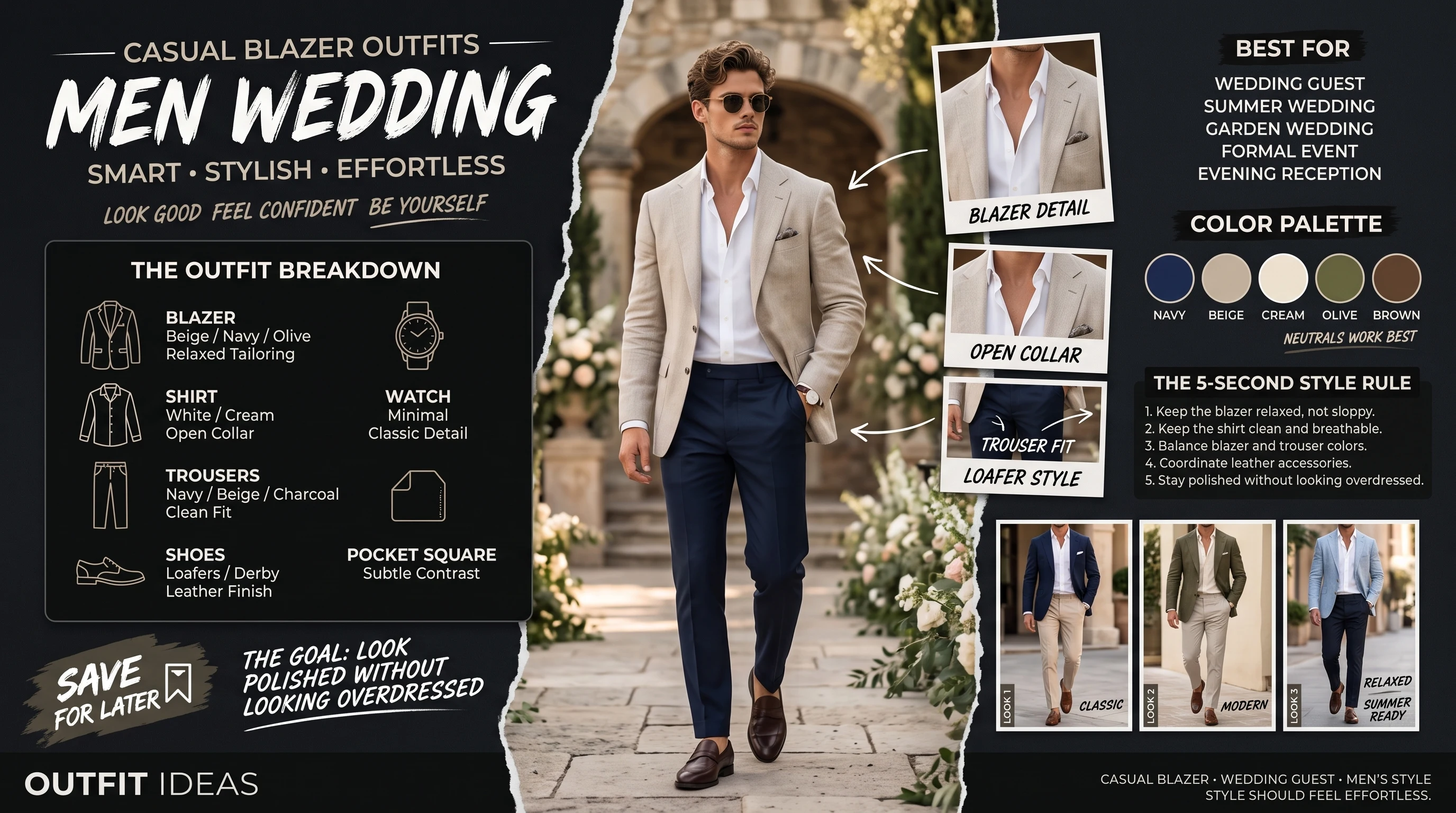 Casual blazer outfit for men attending a wedding with beige blazer, white shirt and navy trousers