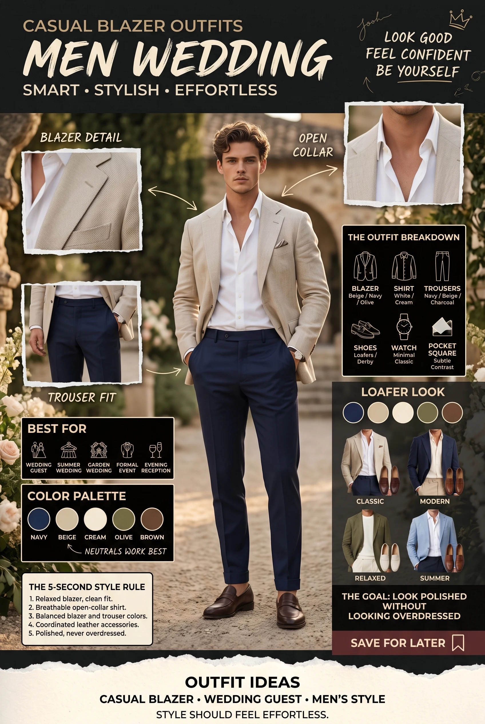 Men's casual blazer wedding guest outfit ideas with beige, navy, olive and light blue blazer combinations