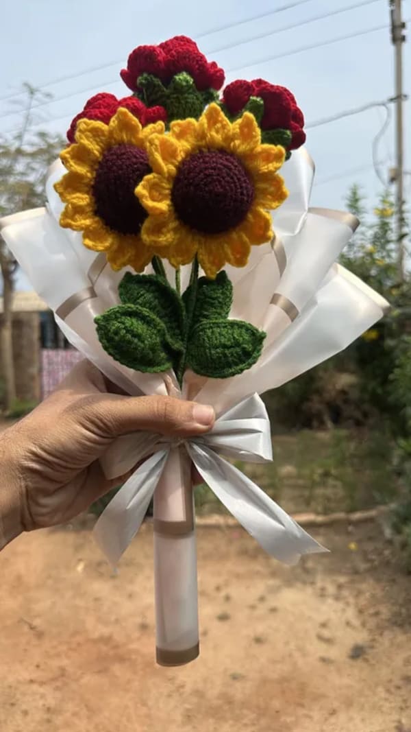 Crochet Sunflower and Rose Bouquet