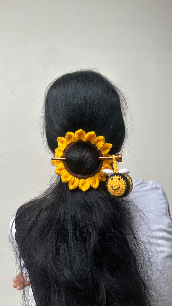 Crochet Sunflower Bun Pin