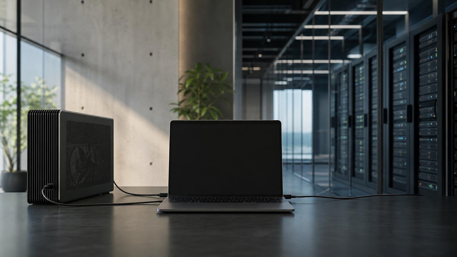 A central laptop connected equally to a local AI workstation on one side and data-center servers on the other.