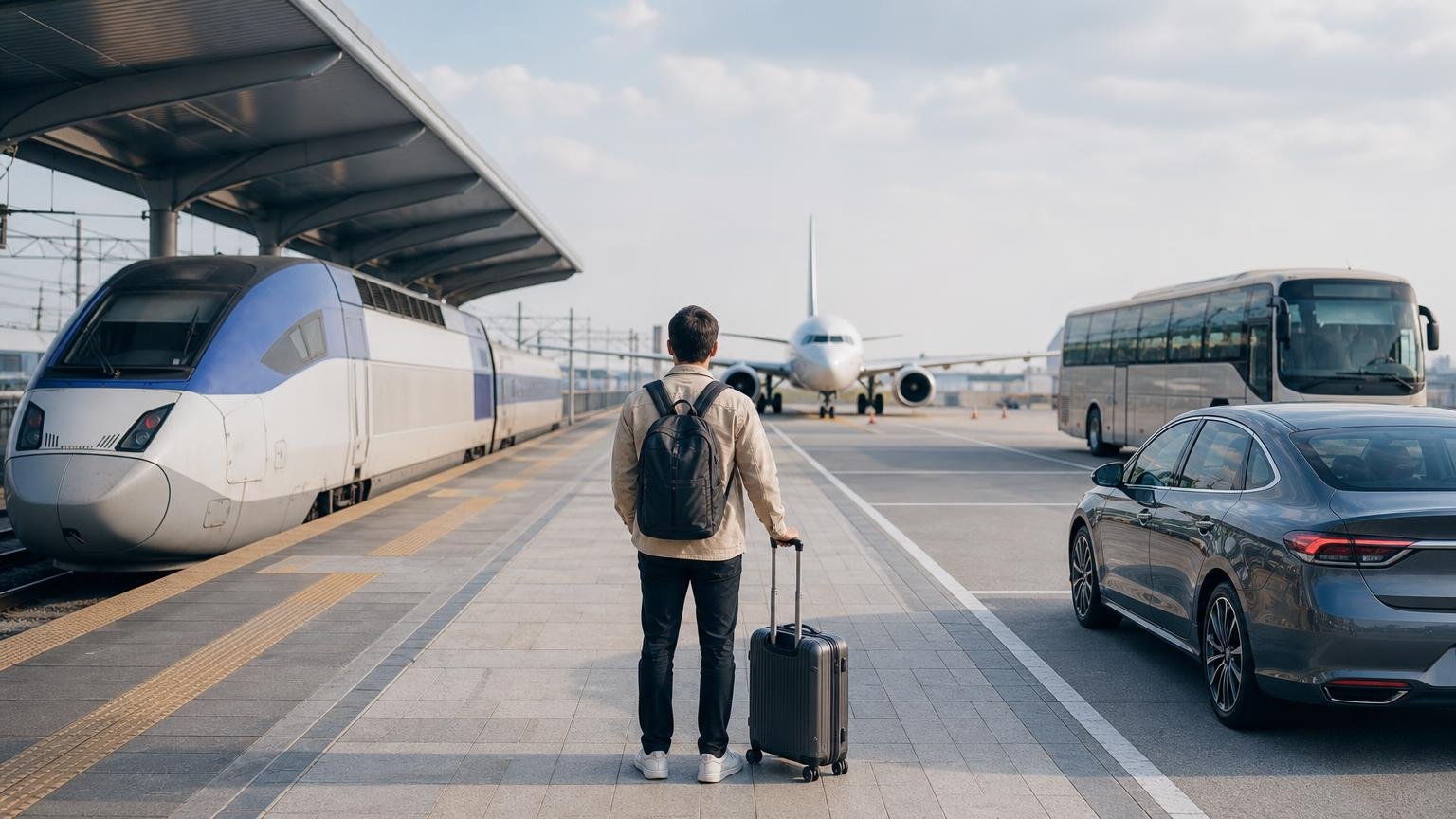 Traveler with luggage considering a high-speed train, airplane, express bus and car for a Seoul-to-Busan journey.