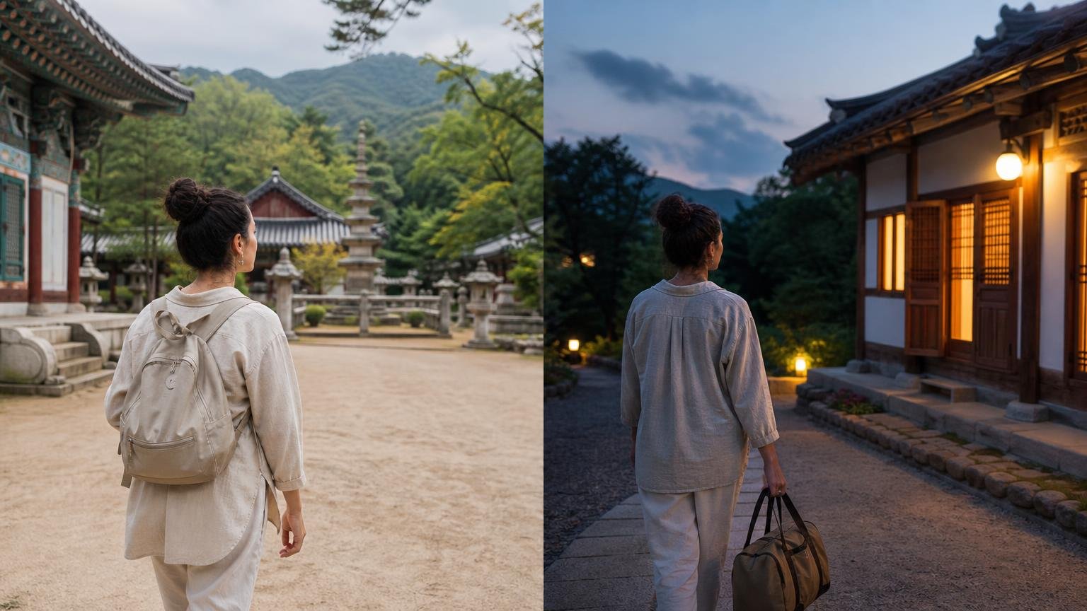 An international traveler shown arriving at a Korean Buddhist temple by day and approaching temple lodging at dusk.