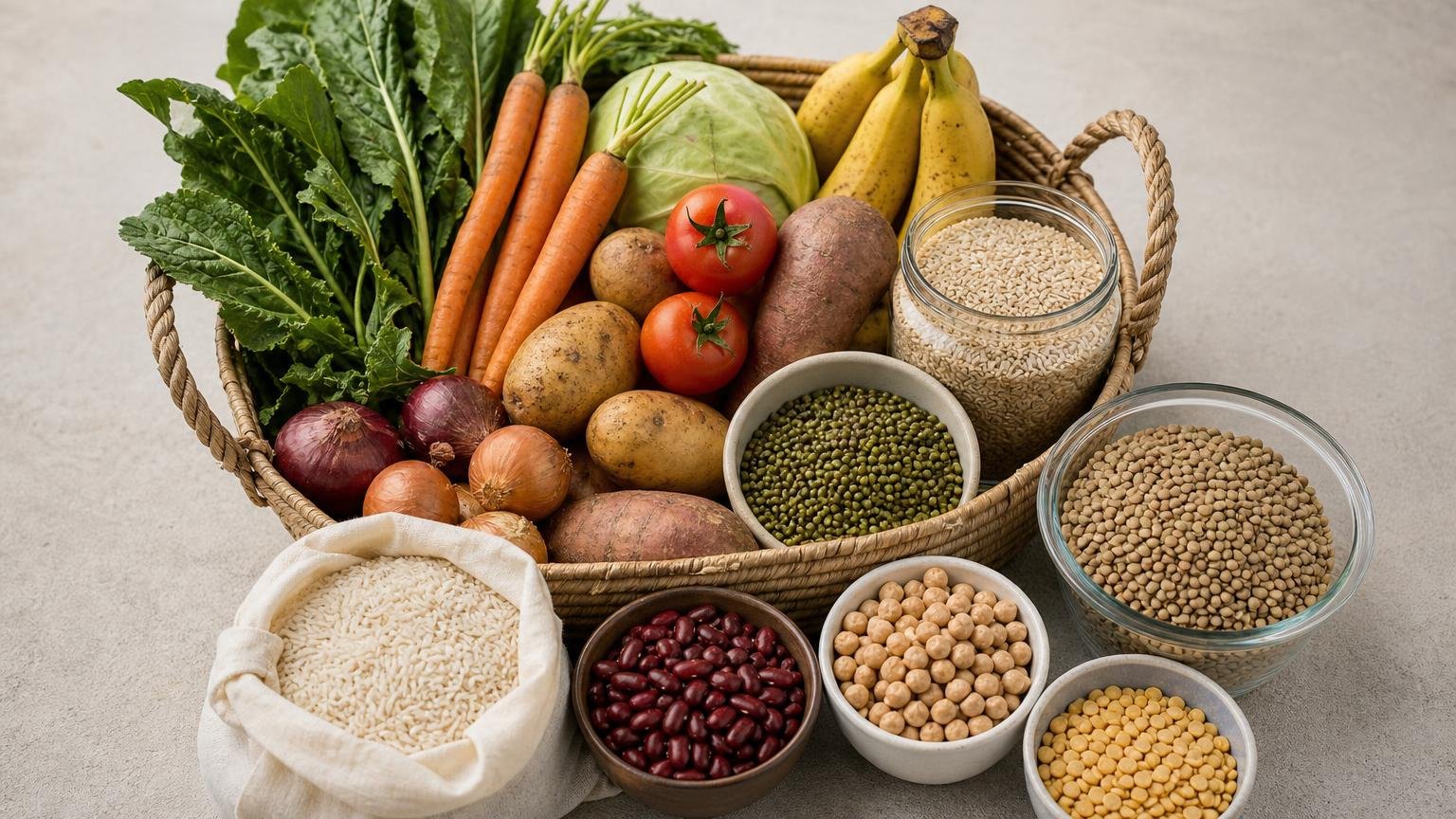 Grains, beans, lentils and fresh produce arranged as a practical, budget-conscious grocery basket.