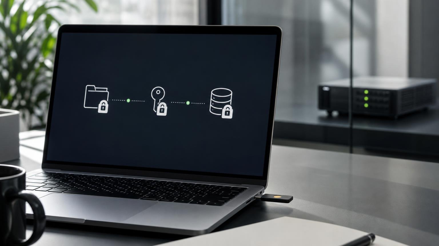 Hardware security key connected to a laptop with text-free locked icons for files, credentials and data, beside an isolated network device.