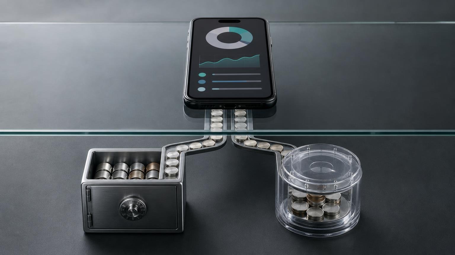 An unbranded smartphone above two connected fund-storage structures, one metal and one transparent, illustrating different ways fintech balances may be held.