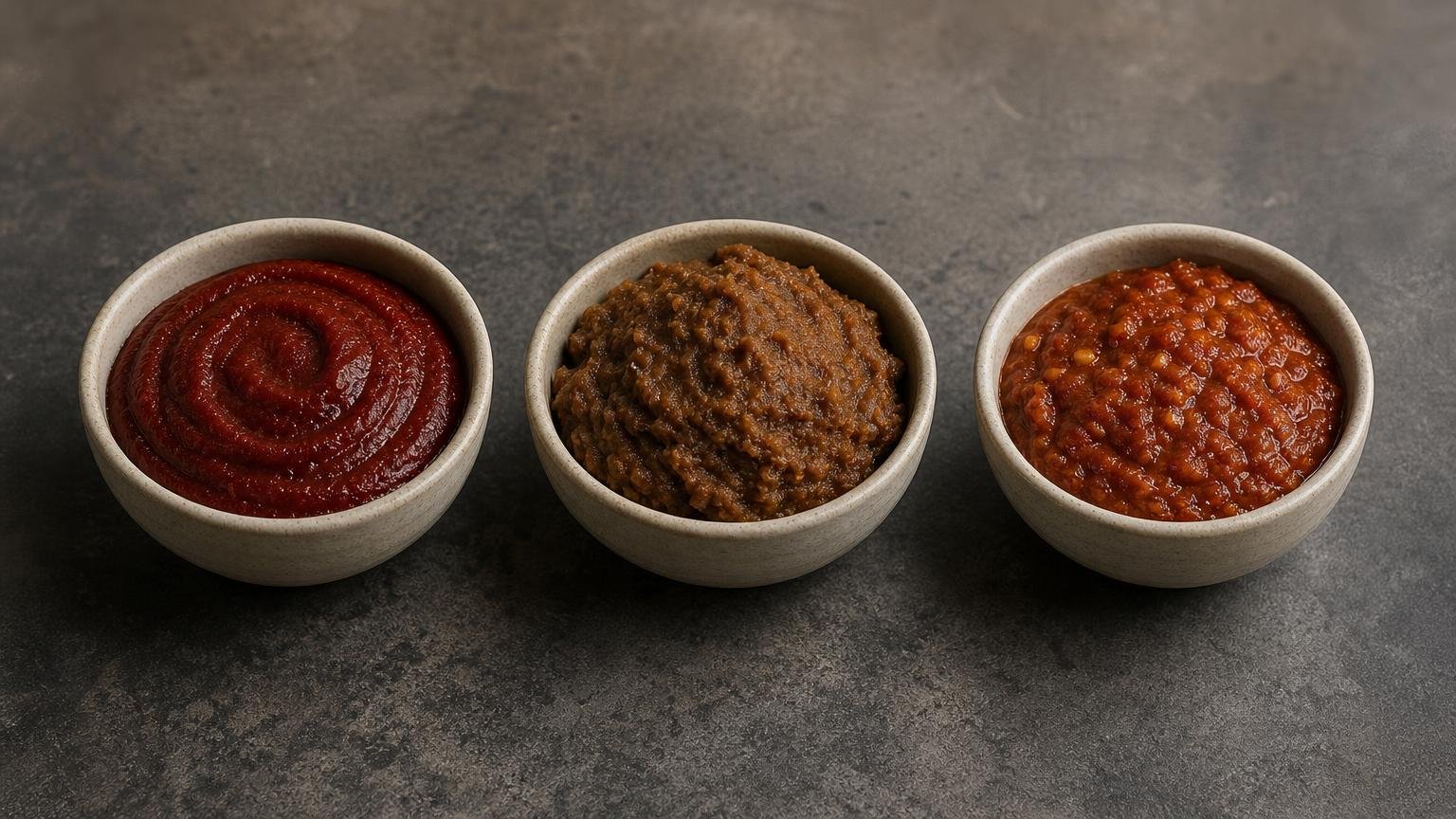Three equal ceramic bowls hold red gochujang, brown doenjang, and reddish-brown ssamjang side by side.