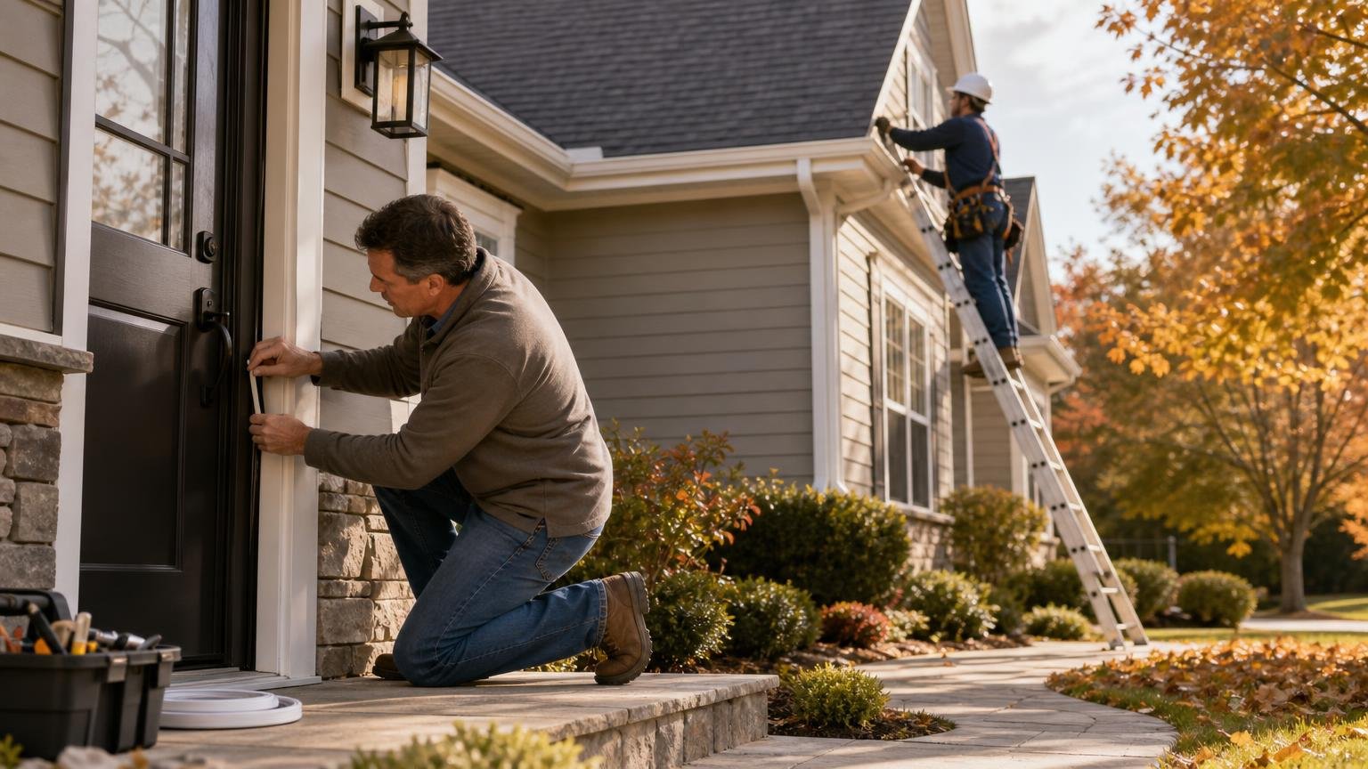 A homeowner installs door weatherstripping while a safety-equipped professional inspects the gutter and roofline.