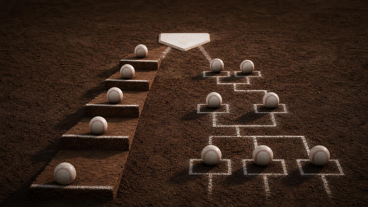 Two neutral baseball playoff paths on an infield: an ascending step-ladder on the left and a tiered branching bracket on the right, both leading toward home plate.