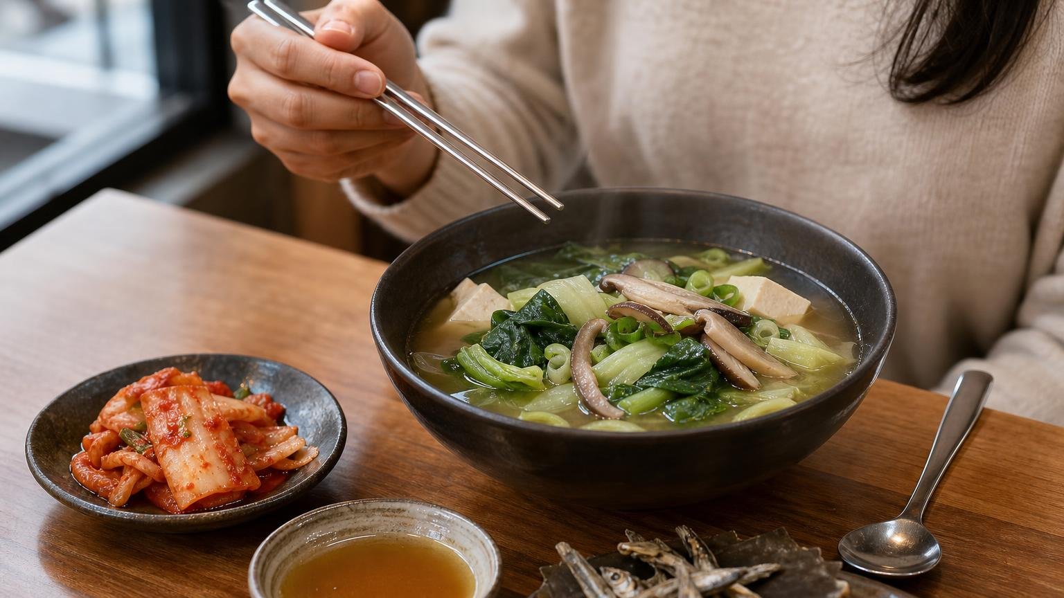 Chopsticks pause over a vegetable-filled Korean soup, with kimchi and dried anchovies nearby suggesting possible hidden animal-derived ingredients.