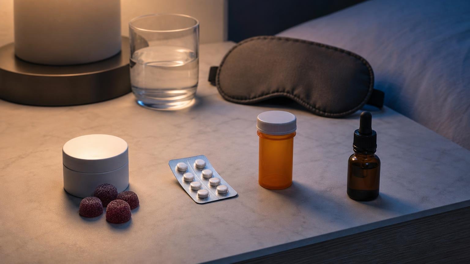 Four separated sleep-aid formats—gummies, blister-pack tablets, a prescription vial and a dropper bottle—arranged evenly on a bedside table.