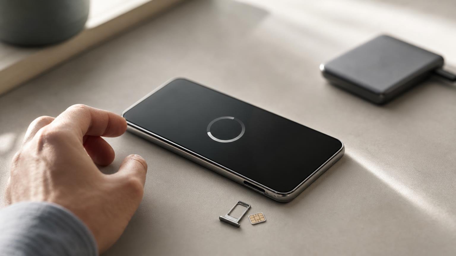 Unbranded smartphone showing a generic reset symbol beside its removed SIM tray and a backup drive.
