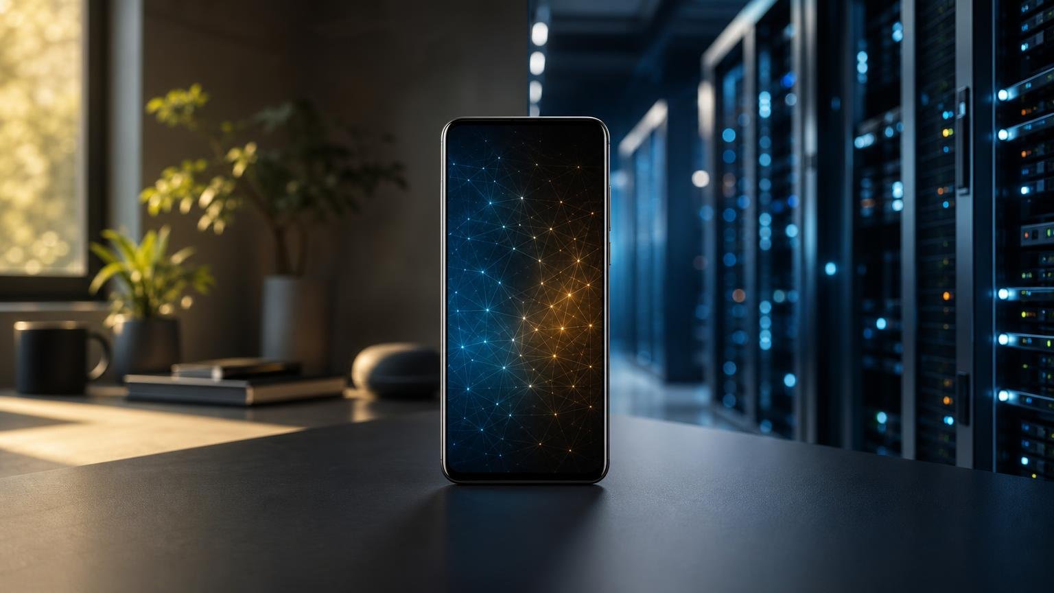 An unbranded smartphone centered between a warm local workspace and cool data-center servers, representing on-device AI and cloud AI.