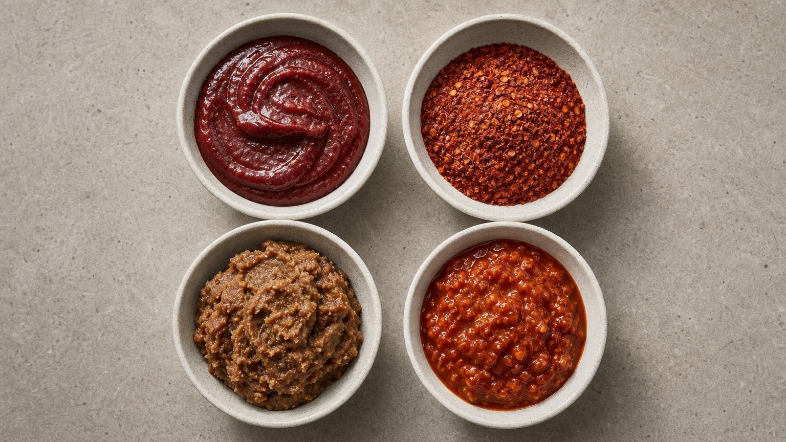 Four ceramic bowls hold red gochujang, crimson gochugaru flakes, brown doenjang, and reddish-brown ssamjang in an overhead comparison.