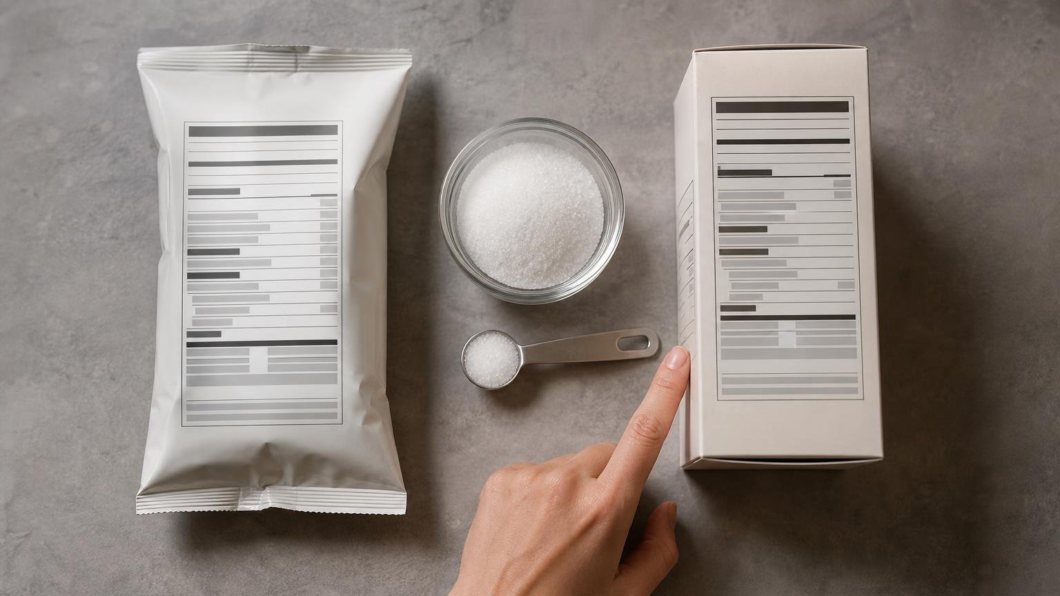 Two unbranded food packages with blank nutrition-label panels sit beside a small bowl and measuring spoon of salt.