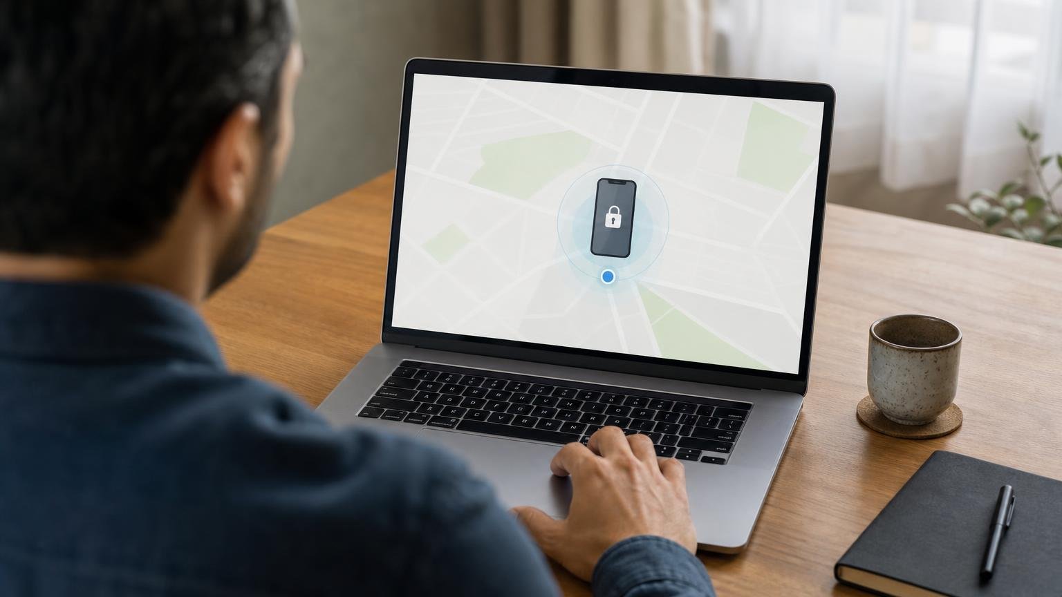 Person using a laptop’s generic device-finding screen to locate and lock a missing smartphone.