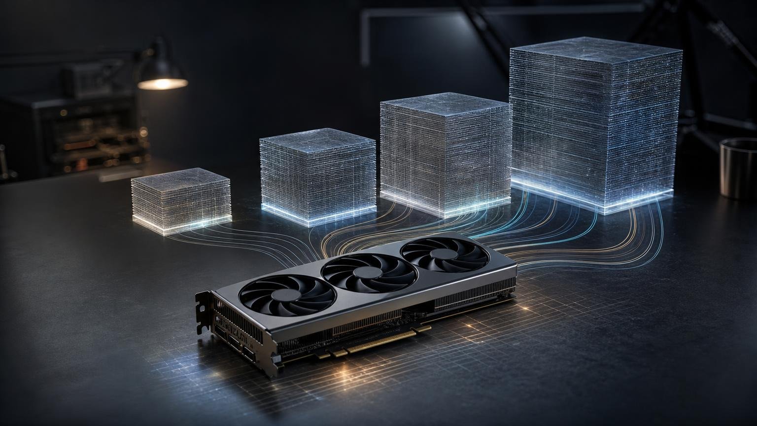 An unbranded graphics card beneath four increasingly large translucent data volumes, visualizing how larger local AI models place greater demands on GPU memory.