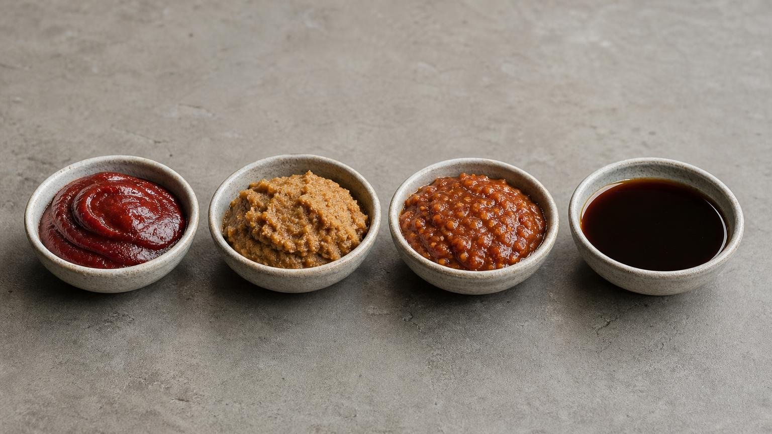 Four matching bowls hold red gochujang, brown doenjang, reddish-brown ssamjang, and dark liquid ganjang.
