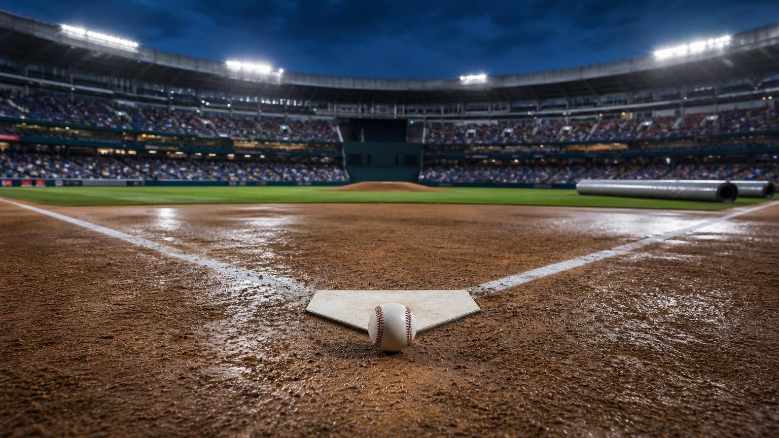 A baseball rests beside home plate in a softly lit South Korean stadium after light rain.
