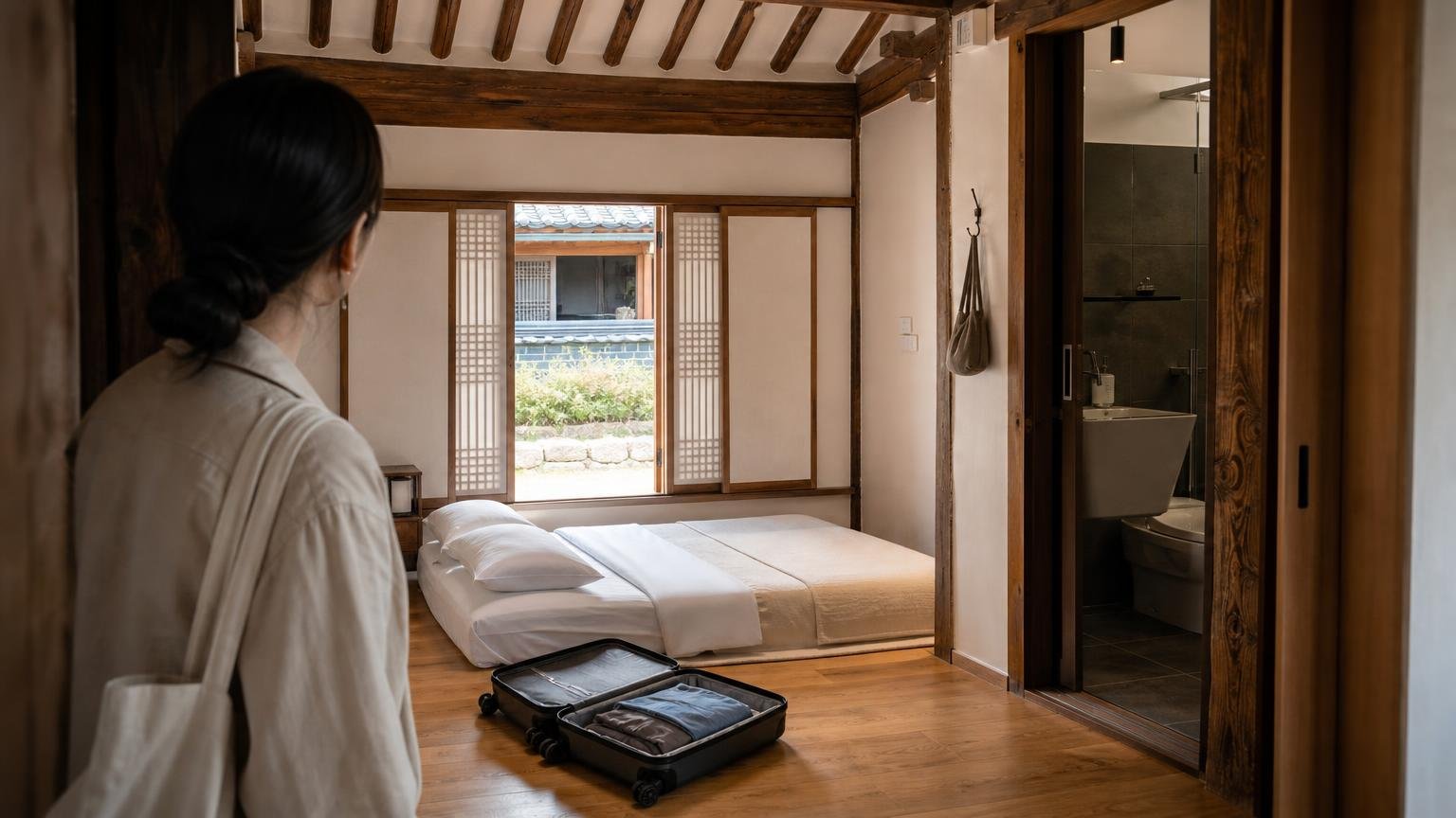 Traveler inspecting a hanok guest room with floor bedding, luggage space and a visible indoor bathroom doorway.