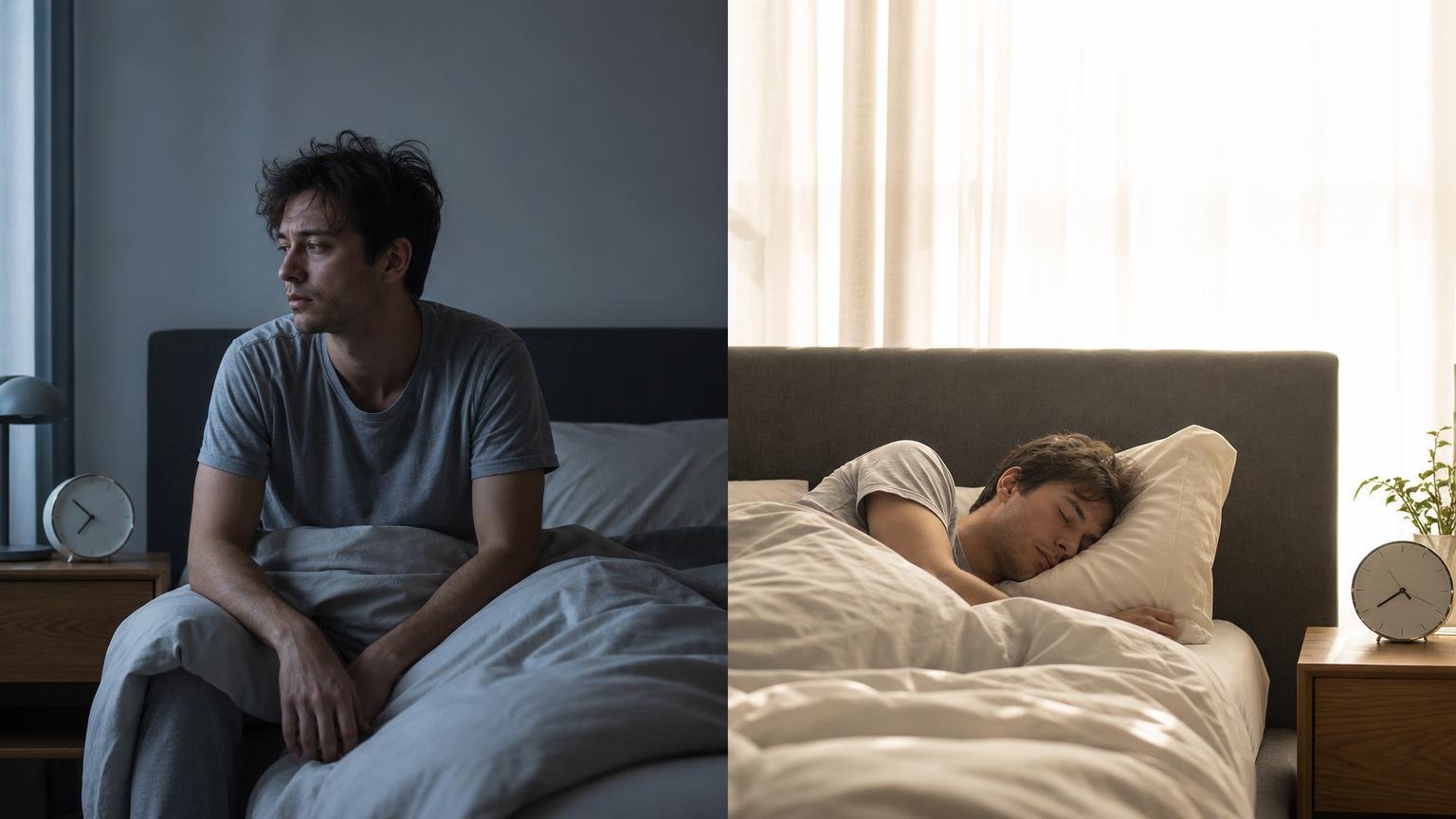 Diptych of the same adult waking early in dim light and sleeping later in a brighter bedroom, illustrating weekend catch-up sleep and schedule shifts.