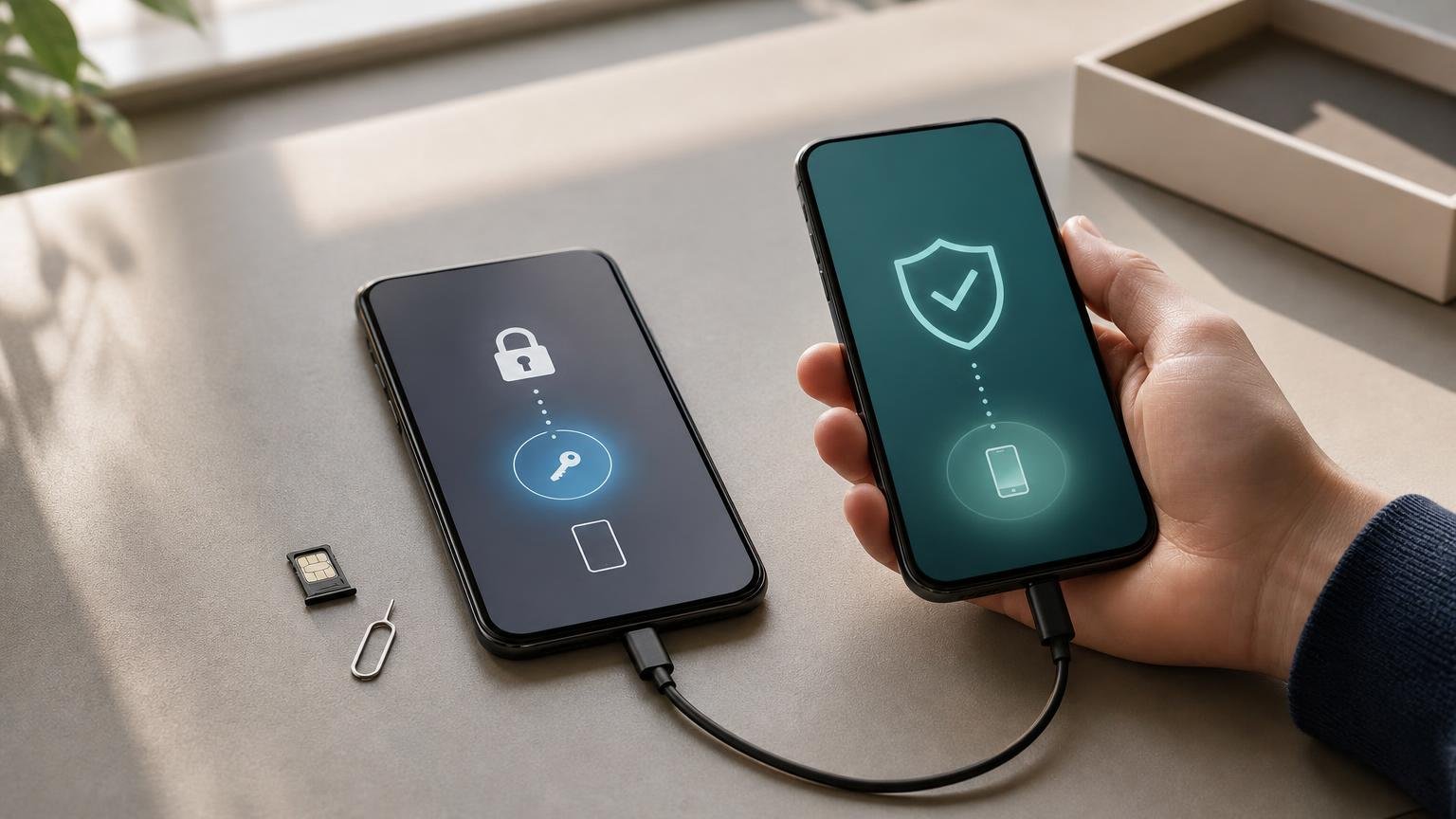 An old smartphone remains powered on and connected to a replacement phone as a hand verifies access before trade-in.