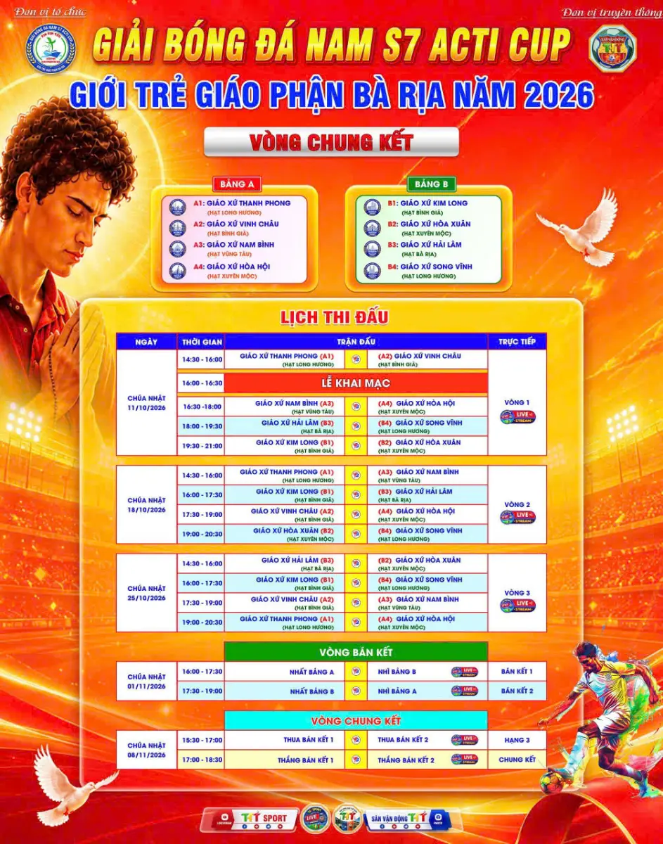 LỊCH THI ĐẤU CHÍNH THỨC GIẢI BÓNG ĐÁ GIỚI TRẺ GIÁO PHẬN BÀ RỊA - ACTI CUP 2026