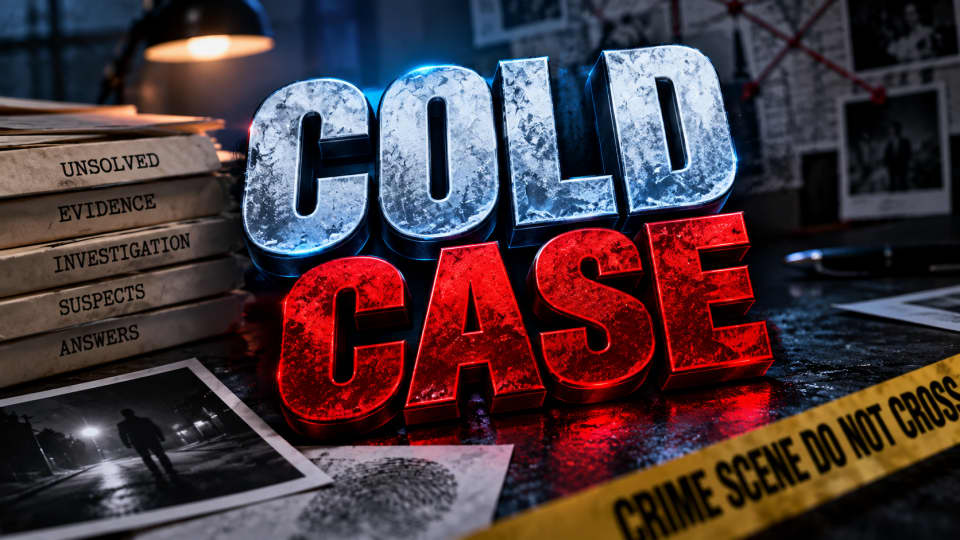 A stylized, 3D graphic showing the words COLD CASE, with COLD in icy blue metallic letters and CASE in blood red metallic letters on a dark desk surface. Surrounding elements include a stack of papers labeled Unsolved, Evidence, Investigation, Suspects, and Answers, a yellow Crime Scene Do Not Cross tape, a grainy photograph of a person at night, a fingerprint, and a blurred background pin board with red string connecting photos, all under dramatic low-key lighting.