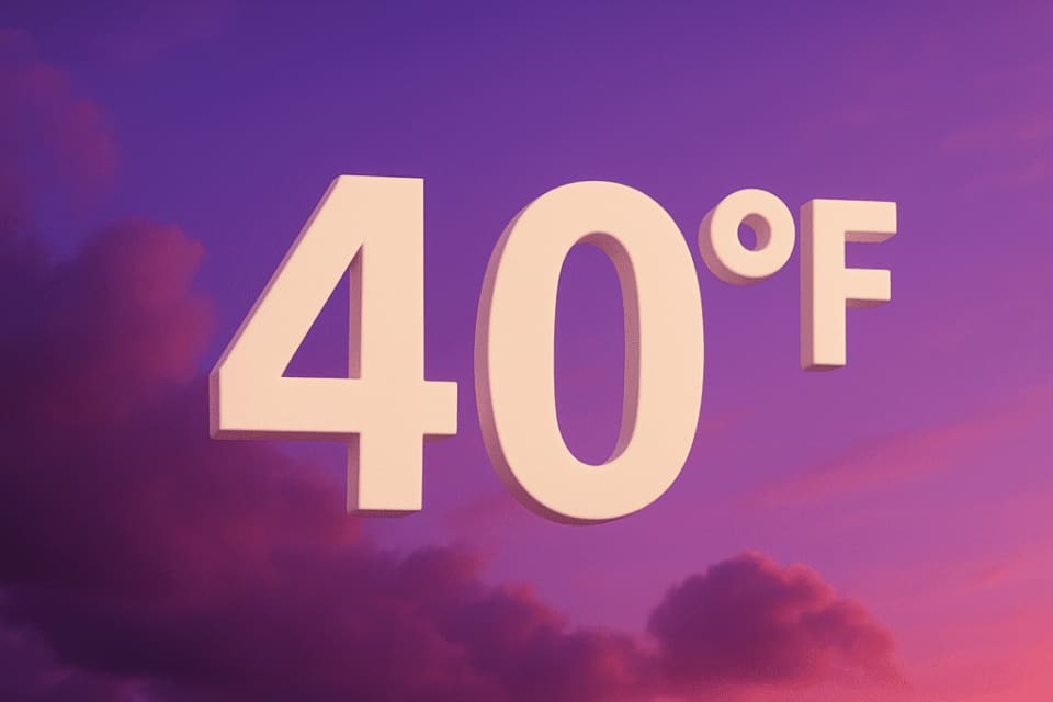 A stylized weather graphic showing the text 40°F in large, light-colored, 3D block letters floating against a vibrant purple and orange sunset sky with soft clouds.