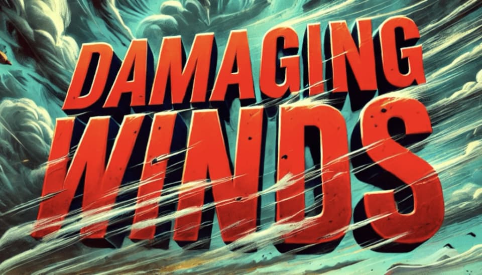 A stylized weather alert graphic featuring bold, 3D red text that reads 'DAMAGING WINDS' set against a dark, tumultuous background of swirling clouds and intense wind motion lines.