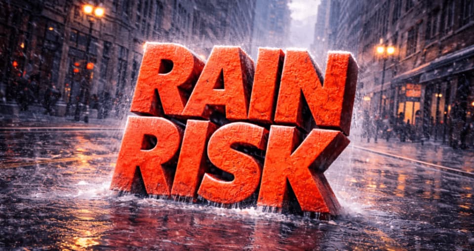 A 3D weather graphic featuring the bold, textured red text 'RAIN RISK' centered in the frame. The letters are partially submerged in water, with dynamic splashes and spray around the base. The background is a blurry, out-of-focus city street scene at dusk or night with wet pavement reflecting warm streetlights.