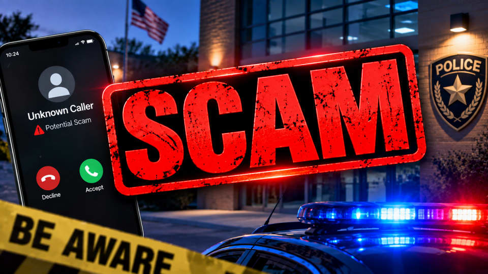 A conceptual editorial image showing a smartphone displaying an 'Unknown Caller' screen with a 'Potential Scam' warning, overlaid by a large, distressed red 'SCAM' stamp. In the background, a police station is visible at dusk with an American flag and a police shield, while a police cruiser with activated red and blue lights sits in the foreground, partially covered by a yellow 'BE AWARE' caution tape.
