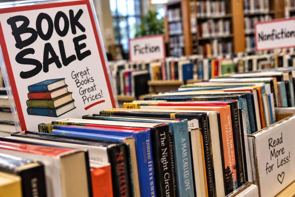 A close-up view of a library book sale table with rows of colorful books arranged in cardboard boxes, featuring a large sign in the foreground that reads 'BOOK SALE Great Books Great Prices!' with an illustration of a stack of books. In the blurred background, library shelves with 'Fiction' and 'Nonfiction' signs are visible, creating a warm and organized atmosphere.