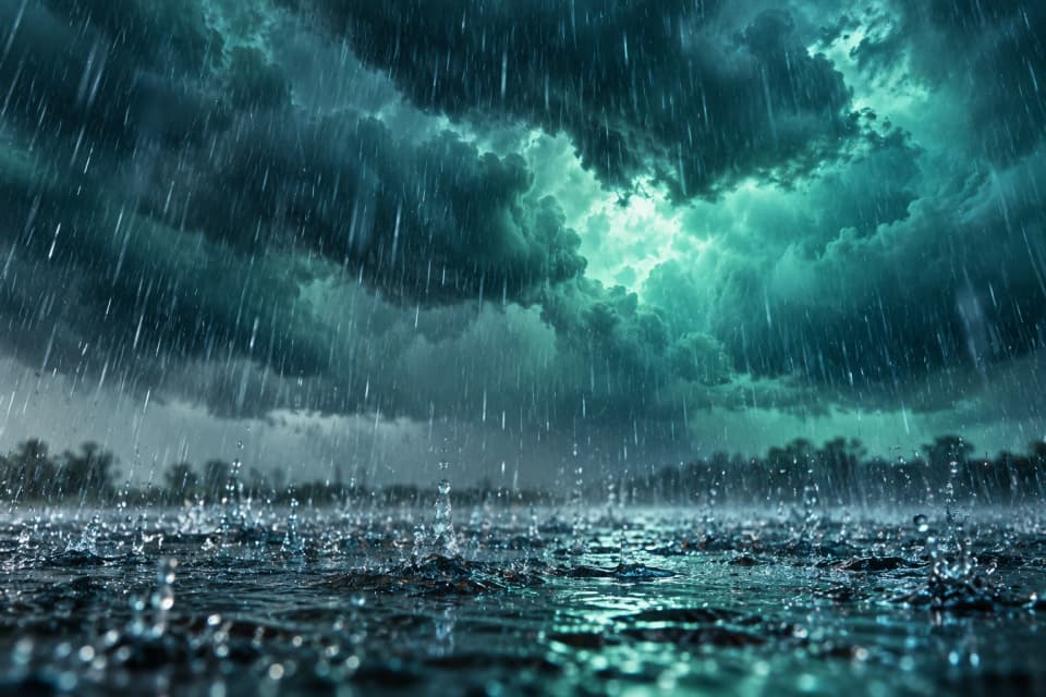 A low-angle view of a stormy landscape during a heavy downpour with dark, churning clouds and teal atmospheric lighting.