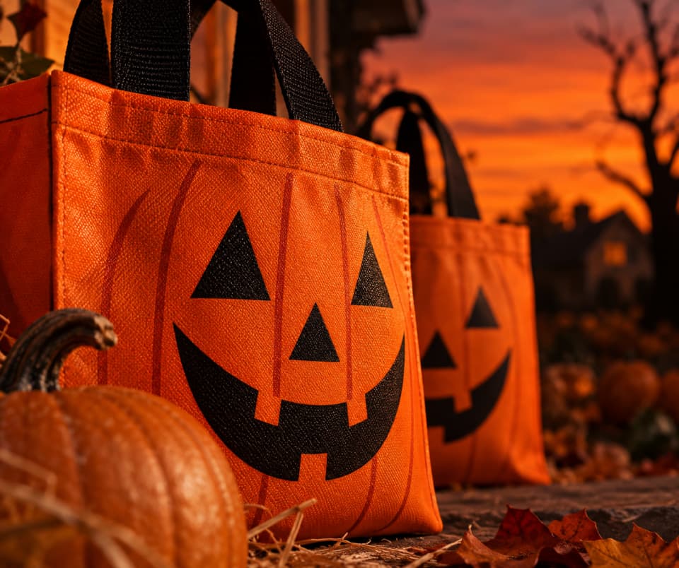 Two orange Halloween trick-or-treat bags featuring black jack-o'-lantern faces, sitting on a stone surface among dry autumn leaves and a real pumpkin at sunset.