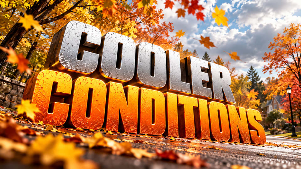A stylized 3D graphic with large metallic text reading 'COOLER CONDITIONS' set against a vibrant autumn background with fall foliage, scattered leaves, and a residential street scene.