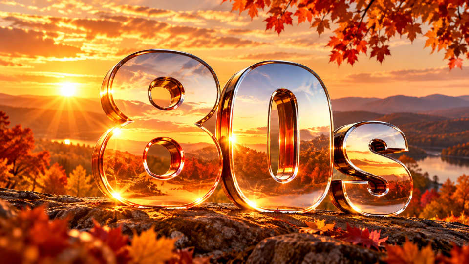 A graphic displaying the text 80s in large, reflective metallic letters sitting on a rock ledge, with a warm, golden sunset over a mountain lake and autumn foliage in the background.