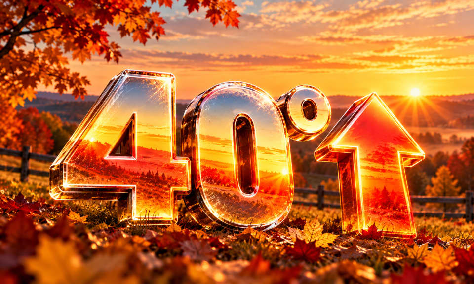 A stylized graphic shows the number 40 degrees followed by an upward pointing arrow. The text is 3D and reflective, showing the landscape of a sun-drenched autumn field and trees, set against a vibrant sunset sky filled with fall foliage.