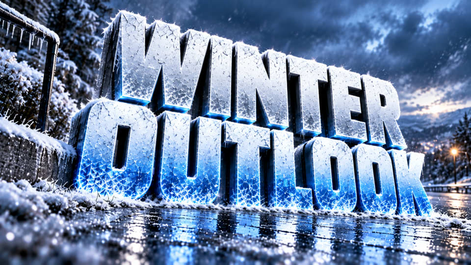 A stylized 3D graphic showing the words Winter Outlook with a frosty, icy texture. The letters are set against a cold, snowy, dark landscape background.