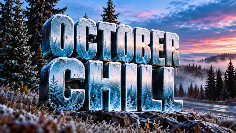 A stylized 3D graphic with the text 'OCTOBER CHILL' covered in frost and ice, set against a backdrop of a frozen pine forest and a morning sky with light fog.