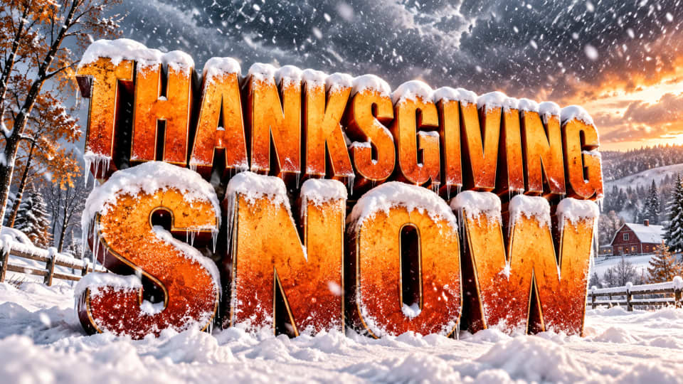 Large golden 3D text reading 'THANKSGIVING SNOW' sits in a snowy field with icicles and falling snow against a dramatic sunset sky.