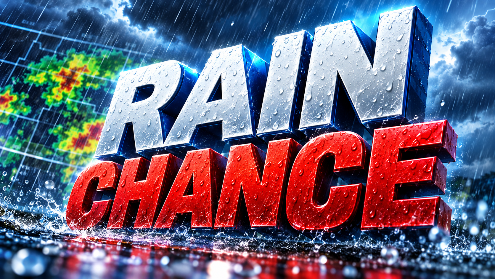 A stylized 3D graphic showing the text RAIN CHANCE. The word RAIN is in silver and CHANCE is in red, covered in water droplets. In the background is a stormy sky and a weather radar map displaying precipitation intensity. The scene is dark, wet, and highly dramatic.