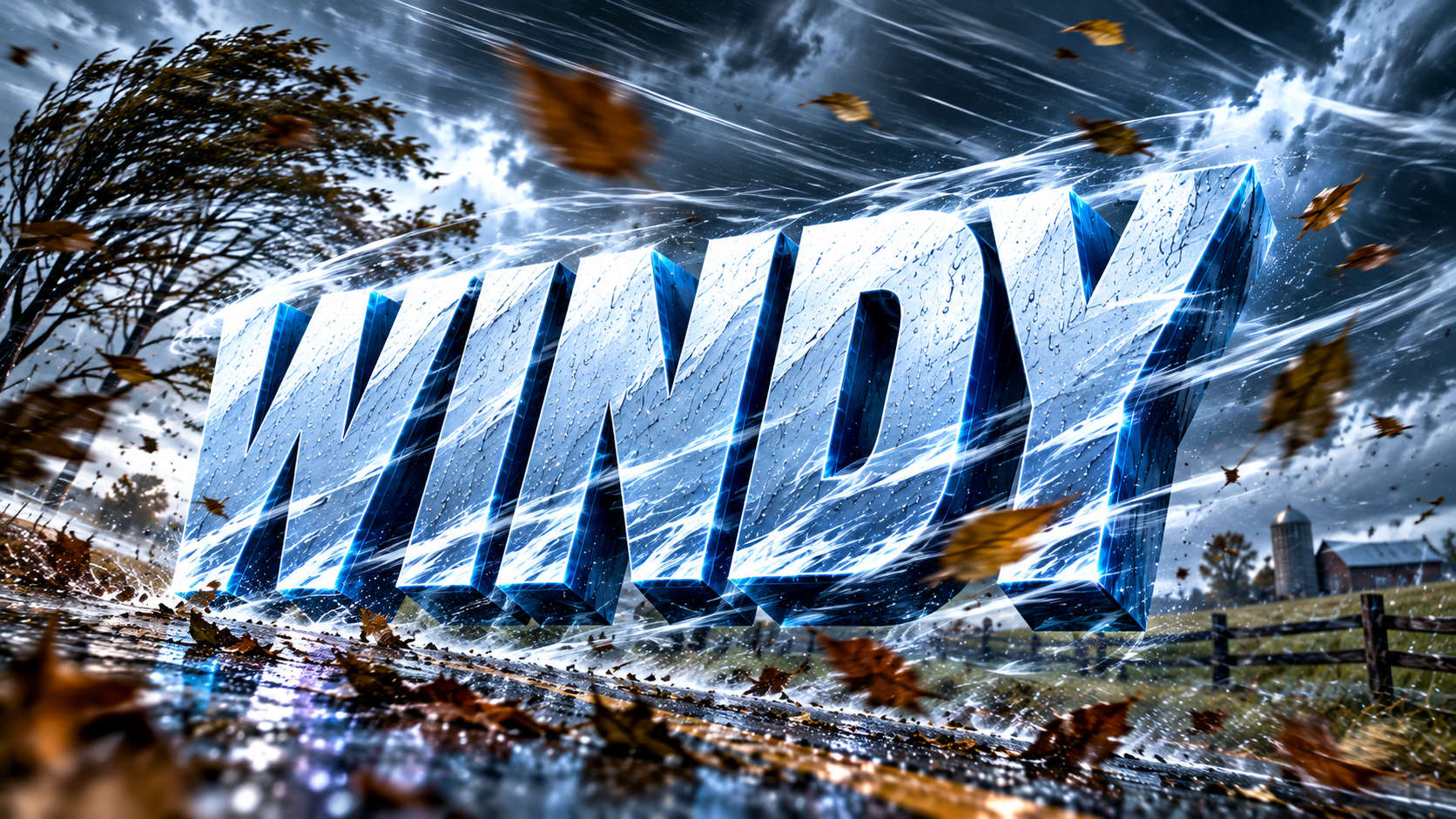 A stylized 3D graphic with the metallic text WINDY floating above a rural road, surrounded by swirling wind currents, fallen autumn leaves, and a stormy sky over a distant farmhouse silhouette.