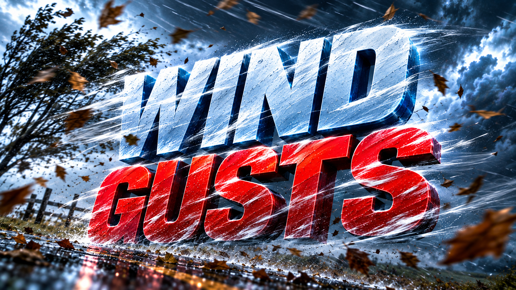 A stylized 3D graphic showing the words 'WIND GUSTS' in large, bold metallic blue and red letters over an outdoor scene with motion blur indicating high winds, flying autumn leaves, and a stormy, dark sky background.