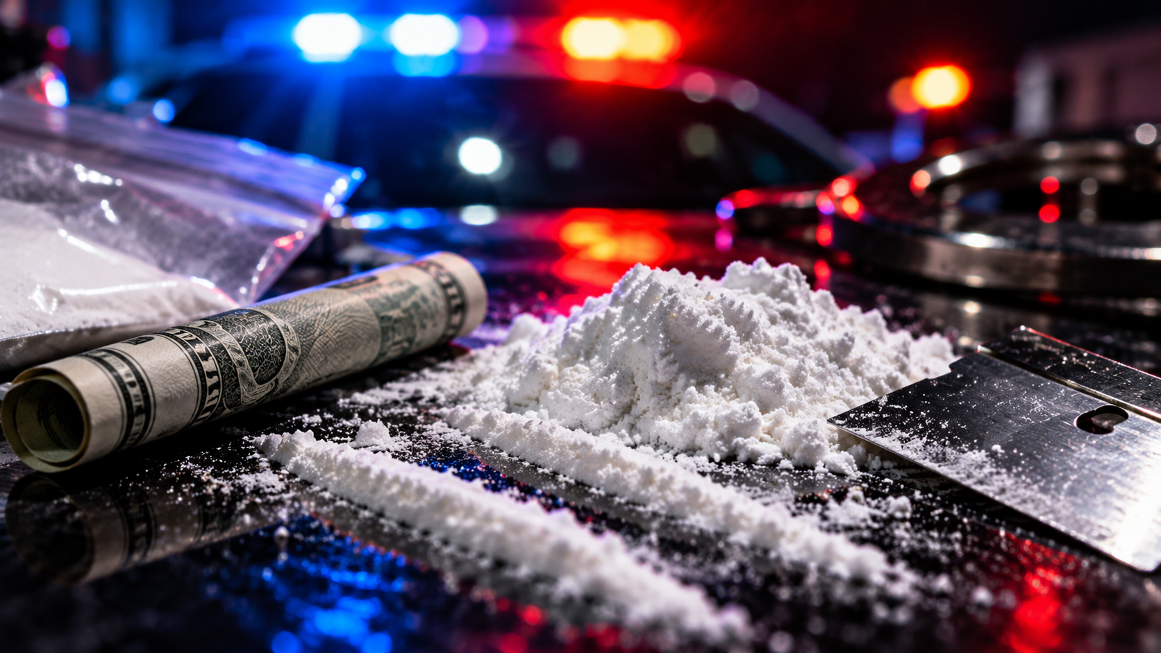 Close-up of a pile of white powder, lines of powder, a rolled-up US dollar bill, a plastic bag, and a razor blade on the reflective hood of a police car. In the blurred background, red and blue emergency lights are flashing, creating a tense atmosphere.