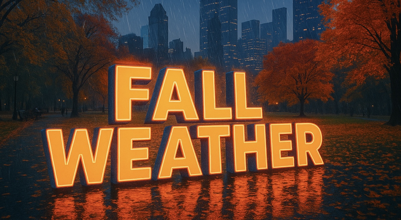 A 3D graphic with glowing, golden-orange text reading 'FALL WEATHER' placed in a rainy city park. The background features a blurred city skyline at dusk and trees with vibrant orange and red autumn foliage. Rain streaks are visible through the scene, and the text reflects on the wet ground.