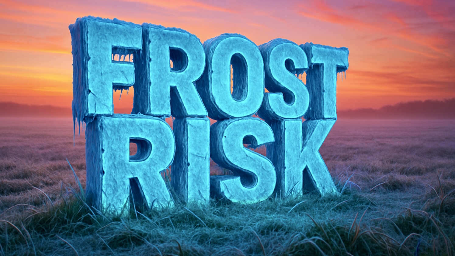 A large, icy, 3D text sculpture spelling out 'FROST RISK' sits in the middle of a frost-covered field at dawn or dusk. The letters have icicles hanging from them. The background features a vibrant orange and pink sunrise or sunset sky with a hazy horizon.