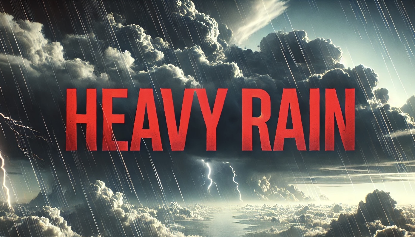 An image featuring a large, stormy sky with dark, textured clouds, intense rain falling in streaks, and visible lightning bolts in the distance. The text HEAVY RAIN is overlaid in large, bold, red sans-serif capital letters in the center of the frame.