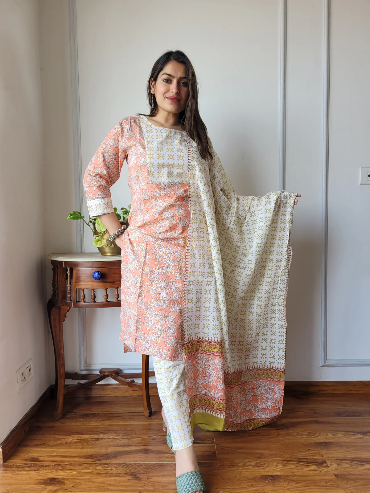 Peach Floral Printed Cotton Kurta Set with Dupatta