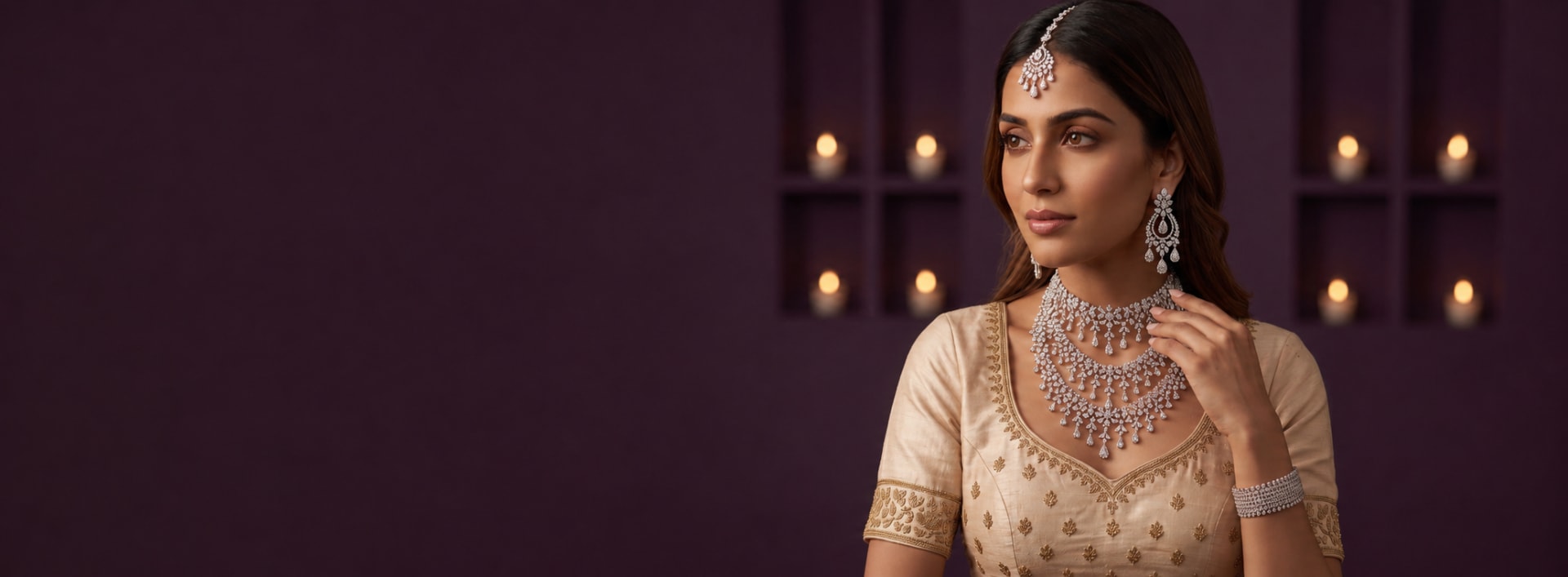 Bride wearing a layered lab grown diamond bridal set by candlelight
